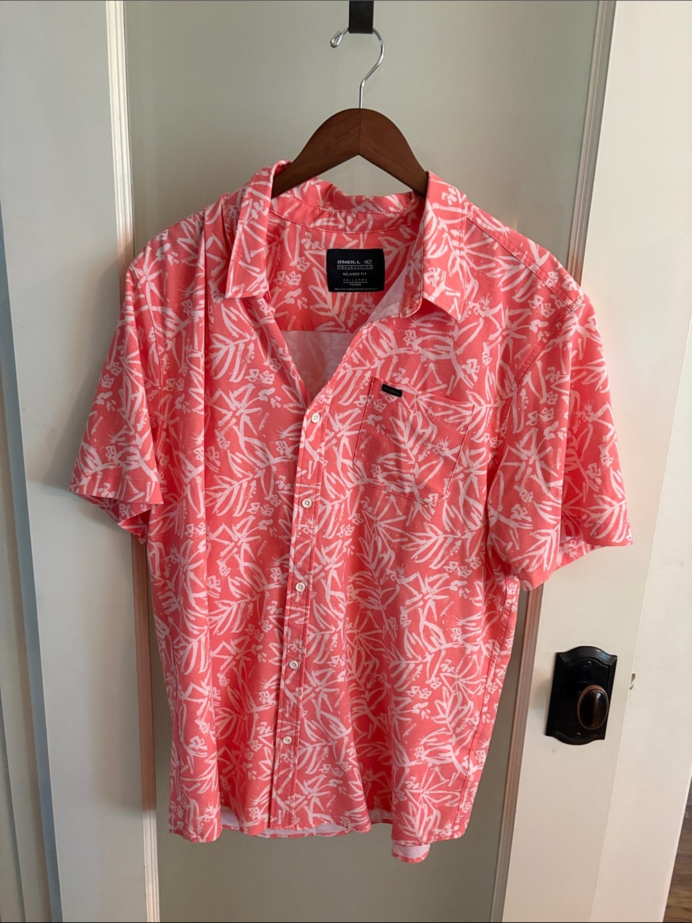 O'Neill Coral Pink Short Sleeve Tropical Print Button-Down Shirt